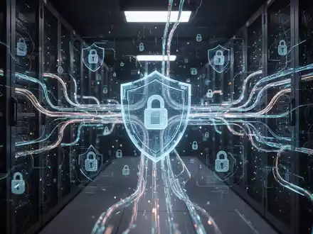 Abstrakte Darstellung von leuchtenden Datenpipelines in einem Serverraum, überlagert mit digitalen Sicherheitssymbolen. - Foto: über boerse-global.de