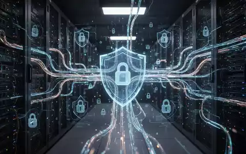 Abstrakte Darstellung von leuchtenden Datenpipelines in einem Serverraum, überlagert mit digitalen Sicherheitssymbolen. - Foto: über boerse-global.de