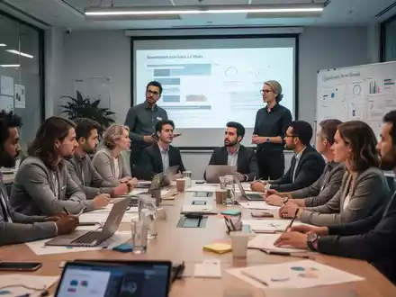 Eine Gruppe Erwachsener nimmt an einem Weiterbildungskurs teil, diskutiert und arbeitet zusammen an einem Tisch in einem hellen Raum. - Foto: über boerse-global.de