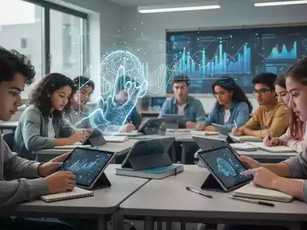 Schüler in einem modernen Klassenzimmer, die mit Tablets und Notizbüchern lernen, während eine subtile holografische Projektion KI darstellt. - Foto: über boerse-global.de