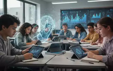 Schüler in einem modernen Klassenzimmer, die mit Tablets und Notizbüchern lernen, während eine subtile holografische Projektion KI darstellt. - Foto: über boerse-global.de