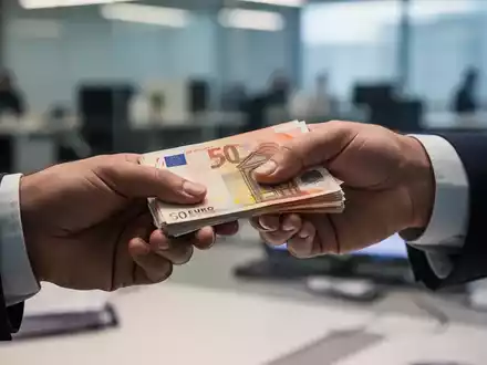 Nahaufnahme von Händen, die Euro-Banknoten austauschen, mit einem verschwommenen Bürohintergrund, der Weihnachtsgeld symbolisiert. - Foto: über boerse-global.de