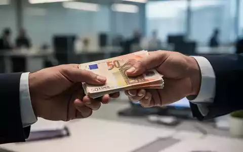 Nahaufnahme von Händen, die Euro-Banknoten austauschen, mit einem verschwommenen Bürohintergrund, der Weihnachtsgeld symbolisiert. - Foto: über boerse-global.de