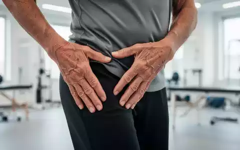Eine ältere Person berührt sanft ihre Hüfte während einer Dehnübung in einem hellen Physiotherapie-Studio. - Foto: über boerse-global.de