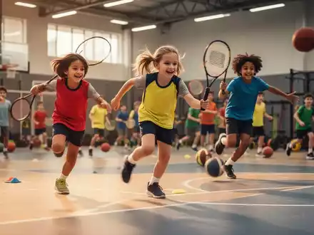 Dynamisches Bild von Kindern, die mit Begeisterung verschiedene Sportarten in einer modernen Sporthalle ausüben. - Foto: über boerse-global.de
