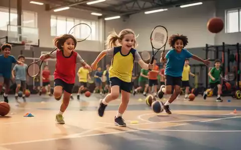 Dynamisches Bild von Kindern, die mit Begeisterung verschiedene Sportarten in einer modernen Sporthalle ausüben. - Foto: über boerse-global.de