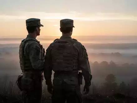 Ein Soldat in Uniform steht mit dem Rücken zum Betrachter und blickt über eine weite, neblige Landschaft bei Sonnenaufgang. - Foto: über boerse-global.de