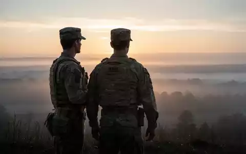 Ein Soldat in Uniform steht mit dem Rücken zum Betrachter und blickt über eine weite, neblige Landschaft bei Sonnenaufgang. - Foto: über boerse-global.de