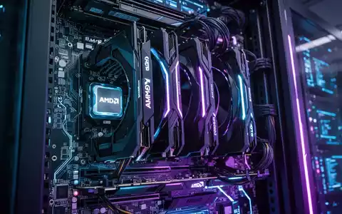 Close-up of a server rack with glowing blue and purple lights, highlighting advanced AMD GPUs and CPUs for AI processing. - Foto: über boerse-global.de
