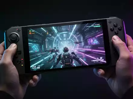 A person holds a sleek, high-end portable gaming handheld with a large, vibrant screen displaying a video game. - Foto: über boerse-global.de