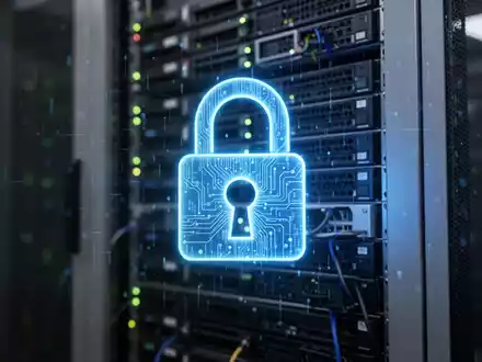Ein leuchtendes blaues digitales Schlosssymbol über einem verschwommenen Hintergrund eines modernen Rechenzentrums-Server-Racks. - Foto: über boerse-global.de