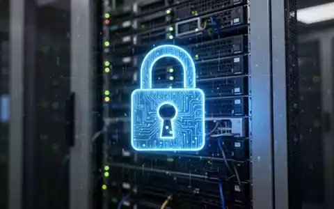 Ein leuchtendes blaues digitales Schlosssymbol über einem verschwommenen Hintergrund eines modernen Rechenzentrums-Server-Racks. - Foto: über boerse-global.de