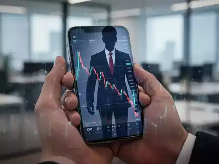 Eine Hand hält ein Smartphone mit einem fallenden Aktienkurs, im Hintergrund ein unscharfes Büro. Symbolisiert den Verkauf nach einer Rallye. - Foto: über boerse-global.de