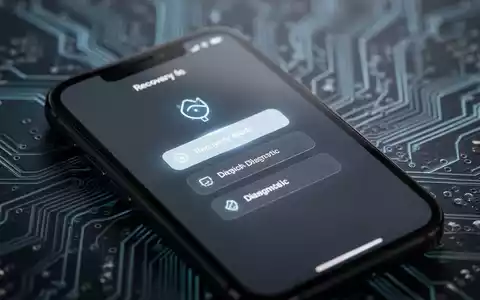 iPhone screen displaying a recovery mode interface with options for software updates and diagnostics, against a blurred tech background. - Foto: über boerse-global.de