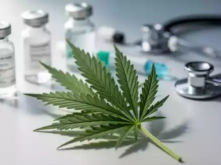 Ein Nahaufnahme eines Cannabisblattes mit verschwommenen medizinischen Elementen im Hintergrund, die Schmerztherapie und Innovation symbolisieren. - Foto: über boerse-global.de