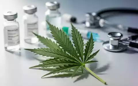 Ein Nahaufnahme eines Cannabisblattes mit verschwommenen medizinischen Elementen im Hintergrund, die Schmerztherapie und Innovation symbolisieren. - Foto: über boerse-global.de