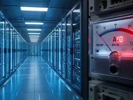 A futuristic data center interior with glowing blue server racks next to a close-up of an energy meter showing high consumption. - Foto: über boerse-global.de