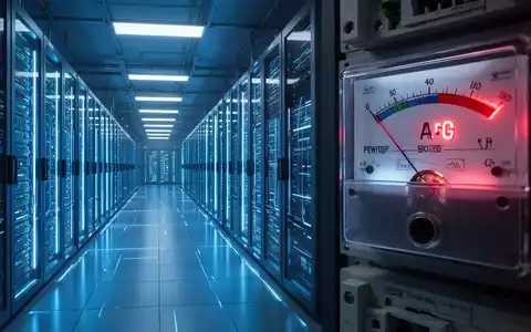 A futuristic data center interior with glowing blue server racks next to a close-up of an energy meter showing high consumption. - Foto: über boerse-global.de