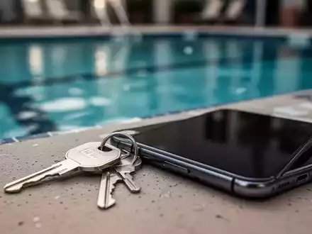 Ein verschwommener Schwimmbadhintergrund mit einem deutlich sichtbaren Schließfachschlüssel und einem Smartphone im Vordergrund. - Foto: über boerse-global.de