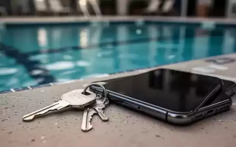Ein verschwommener Schwimmbadhintergrund mit einem deutlich sichtbaren Schließfachschlüssel und einem Smartphone im Vordergrund. - Foto: über boerse-global.de
