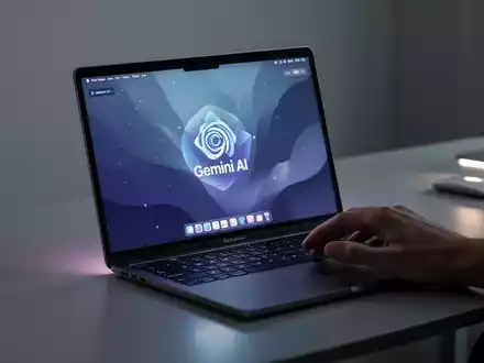 A close-up of a hand reaching for a MacBook keyboard, with the Gemini AI interface visible on the laptop screen. - Foto: über boerse-global.de