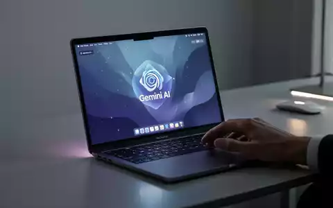 A close-up of a hand reaching for a MacBook keyboard, with the Gemini AI interface visible on the laptop screen. - Foto: über boerse-global.de