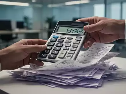 Eine Hand hält einen Taschenrechner über einem Stapel Lohnzettel, die Unordnung und mögliche Berechnungsfehler andeuten. - Foto: über boerse-global.de