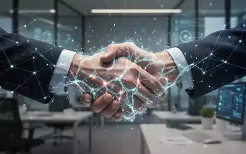 Abstrakte Darstellung einer leuchtenden KI-Struktur, die sich mit menschlichen Händen im Handschlag verbindet, symbolisiert Regulierung und Mitbestimmung. - Foto: über boerse-global.de