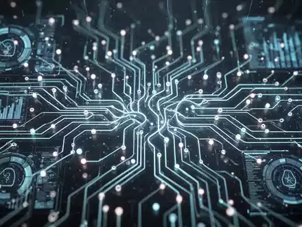 Nahaufnahme einer leuchtenden, futuristischen Platine oder eines neuronalen Netzwerks mit digitalen Datenpunkten und Schnittstellen. - Foto: über boerse-global.de