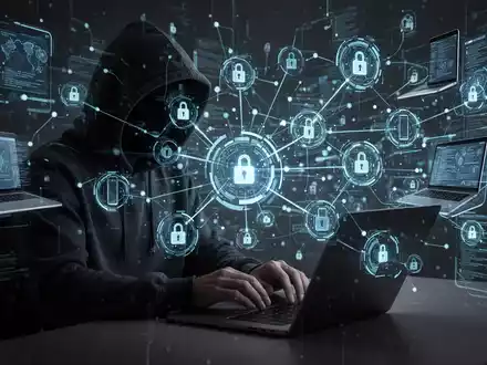 A shadowy figure in a hoodie types on a laptop, surrounded by a holographic network of devices and data streams, symbolizing cyber-espionage. - Foto: über boerse-global.de