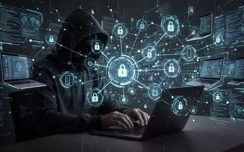 A shadowy figure in a hoodie types on a laptop, surrounded by a holographic network of devices and data streams, symbolizing cyber-espionage. - Foto: über boerse-global.de