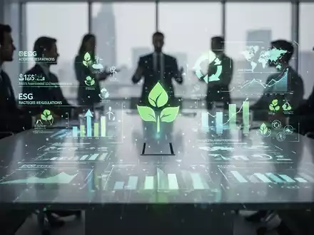 Eine stilisiert leuchtende digitale Anzeige von ESG-Metriken und Vorschriften auf einem modernen Konferenztisch mit verschwommenen Geschäftsleuten. - Foto: über boerse-global.de