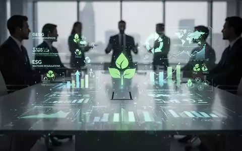 Eine stilisiert leuchtende digitale Anzeige von ESG-Metriken und Vorschriften auf einem modernen Konferenztisch mit verschwommenen Geschäftsleuten. - Foto: über boerse-global.de