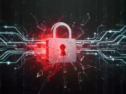 A glowing red anomaly disrupts a flowing blue blockchain network, with a shattered padlock icon indicating a security breach. - Foto: über boerse-global.de