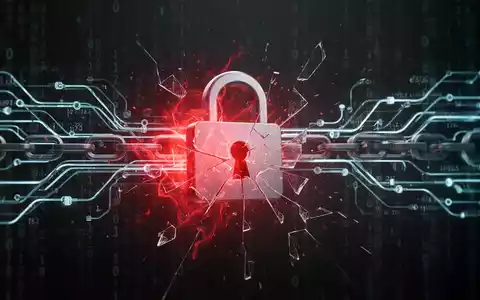 A glowing red anomaly disrupts a flowing blue blockchain network, with a shattered padlock icon indicating a security breach. - Foto: über boerse-global.de