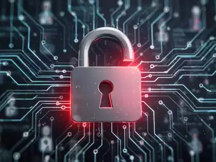 Ein stilisiertes digitales Vorhängeschloss vor einem verschwommenen Hintergrund aus Datenlinien und Leiterplattenmustern. - Foto: über boerse-global.de