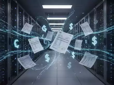Digital representations of tax documents and currency symbols intertwined with glowing blue data streams in a server room. - Foto: über boerse-global.de