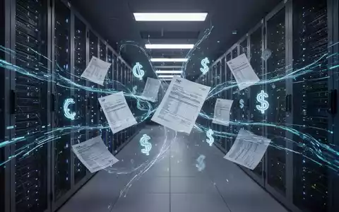 Digital representations of tax documents and currency symbols intertwined with glowing blue data streams in a server room. - Foto: über boerse-global.de
