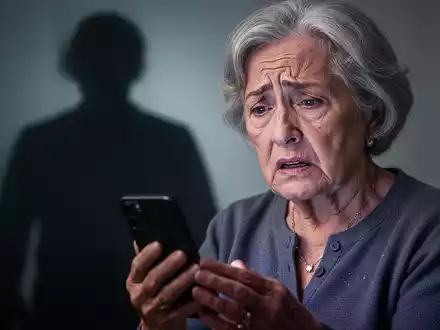 An elderly woman looks distressed while holding a smartphone, a shadowy figure looms in the background, representing digital fraud. - Foto: über boerse-global.de