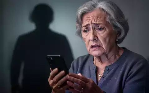 An elderly woman looks distressed while holding a smartphone, a shadowy figure looms in the background, representing digital fraud. - Foto: über boerse-global.de