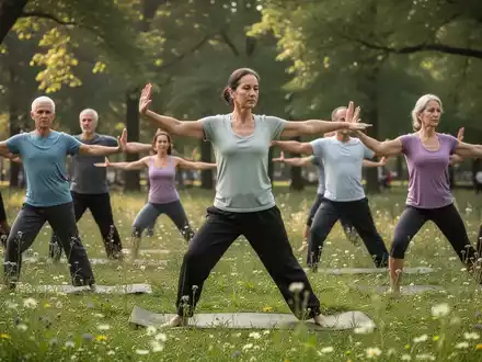 Eine Gruppe Erwachsener praktiziert Yoga oder Tai Chi im Freien, umgeben von grĂŒnen Pflanzen und Wildblumen. - Foto: ĂŒber boerse-global.de