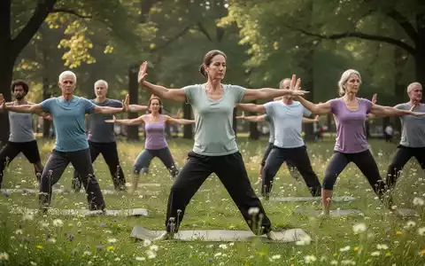Eine Gruppe Erwachsener praktiziert Yoga oder Tai Chi im Freien, umgeben von grünen Pflanzen und Wildblumen. - Foto: über boerse-global.de