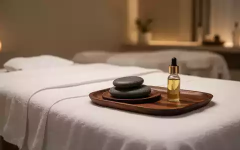 Ein ruhiger Massageraum mit einem Massagetisch, weißen Laken, einem heißen Stein und einer Flasche ätherisches Öl. - Foto: über boerse-global.de