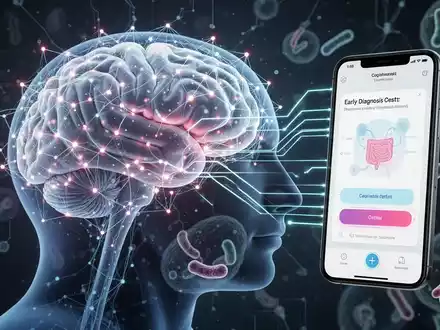 Ein stilisiertes Gehirn, überlagert von einem leuchtenden neuronalen Netzwerk, verbunden mit einem Smartphone, das eine Test-App anzeigt. - Foto: über boerse-global.de