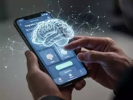 Hände interagieren mit einer Smartphone-App, die kognitive Trainingsübungen anzeigt, mit einer subtilen Gehirnnetzwerk-Überlagerung. - Foto: über boerse-global.de