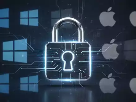 A glowing digital padlock symbolizing security, with subtle Windows and Apple logos in the background. - Foto: über boerse-global.de