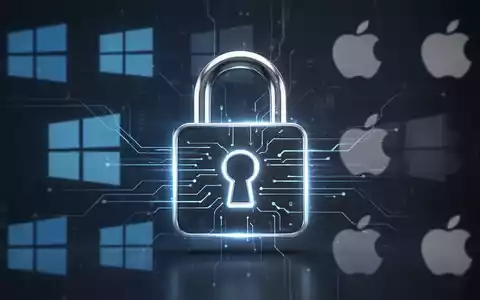 A glowing digital padlock symbolizing security, with subtle Windows and Apple logos in the background. - Foto: über boerse-global.de