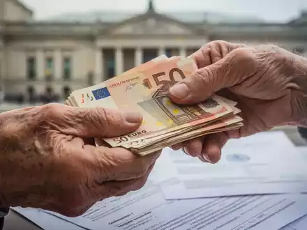 Nahaufnahme der Hände einer älteren Person, die Euro-Banknoten halten, mit unscharfem Hintergrund von Dokumenten. - Foto: über boerse-global.de