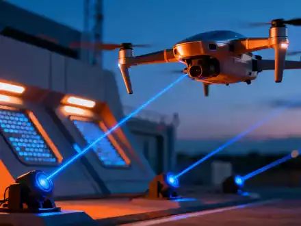 Eine Drohne fliegt über eine sichere Anlage mit Abwehrstrahlen bei Dämmerung. - Foto: über boerse-global.de
