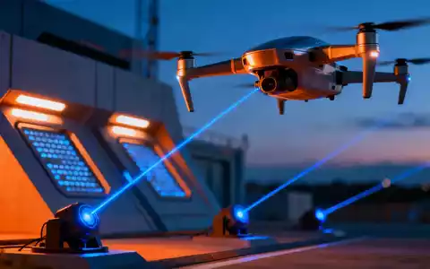 Eine Drohne fliegt über eine sichere Anlage mit Abwehrstrahlen bei Dämmerung. - Foto: über boerse-global.de